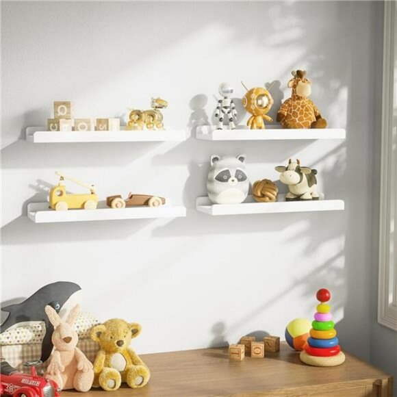 White Floating Wall Shelves Set of 4 Wood Hanging Display Shelf 15 Inch - Picture 5 of 7